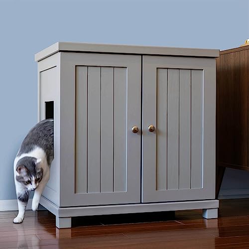 THE REFINED FELINE Cat Litter Box Enclosure Cabinet, Cottage, Smoke Gray, Square Feet, Large, Hidden Litter Cat Furniture with Drawer