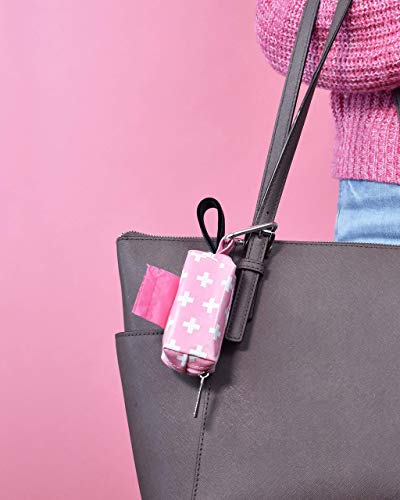Image of Oh Baby Bags Pink Swiss Dirty Diaper Bag Dispenser, Clip On Bag Holder Attaches to Any Diaper Bag, 48 Count Large Tie Handle Bags