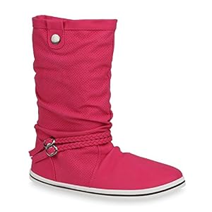 stiefelparadies Bequeme Damen Stiefel Schlupfstiefel Lochungen Flache Boots Leder-Optik Metallic Schuhe 127406 Pink Weiss 37 Flandell