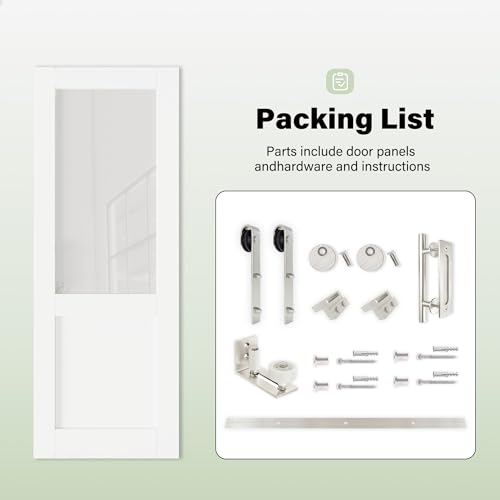 Image of 32 inch x 80 inch 15-Lite Tempered Clear Glass Barn Door with 72 inch Track Kit, Solid Core MDF Sliding Barn Doors for Closet Kitchen Bedroom Living Room, Easy to Clean & Modern Style, Nickel-Plated Hardware Kit