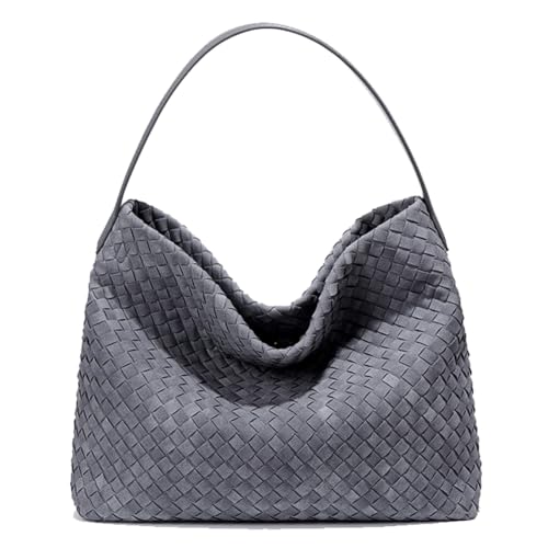 KlaOYer Gewebte Wildleder-Tragetasche für Damen, Sommer, Strand, Hobo-Tasche, große Reise-Umhängetasche, vegan, Umhängetasche, handgefertigt, Grau