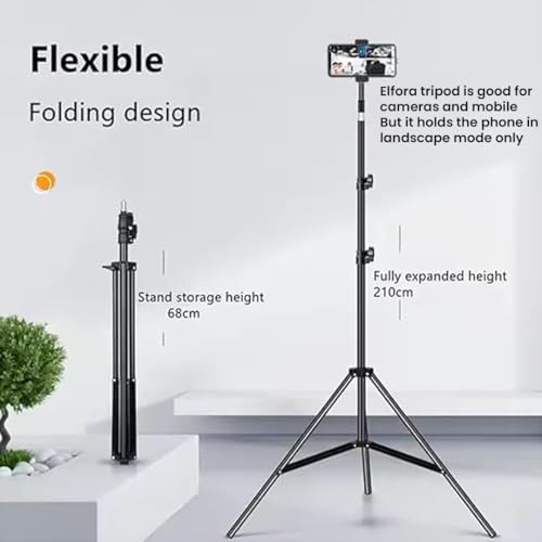 Image of Elfora 7 feet Lightweight Tripod Stand with Mobile Phone Holder | Landscape Mode Only | Portable and Sturdy for Stable Photos & Videos | Compatible for Mobiles, Lights, Reflectors and Cameras(Black)