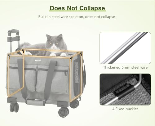Pecute Bolsa de transporte para animais de estimação com rodas, estrutura de arame de aço, bolsa de