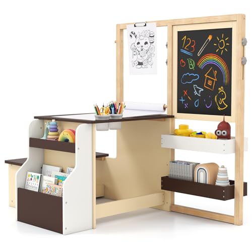 GOPLUS Bureau Enfant avec Rangement, Tableau Chevalet Enfant Double Face Ajustable, Table d'Activité avec Banc, Rouleau de Papier, Tableau Blanc/Noir, Bureau...