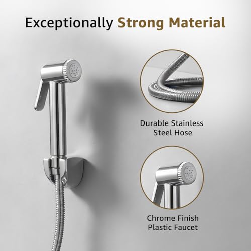 Image of Amazon Basics Handheld Health Faucet for Bathroom, ABS Plastic Body with Chrome Finish, 1 Meter Stainless Steel Flexible Hose Pipe and Wall Hook, Silver, Jet Spray for Toilet