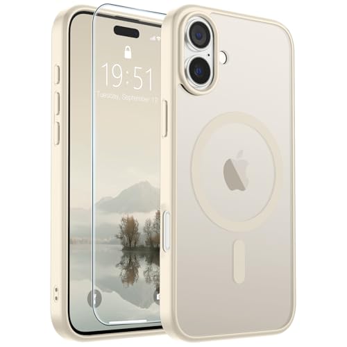 Image of SUPFINE Magnetic for iPhone 16 Plus Case (Compatible with MagSafe) (Military Grade Drop Protection) Slim Translucent Matte Shockproof with Anti-Fingerprint Phone Case,Antique White