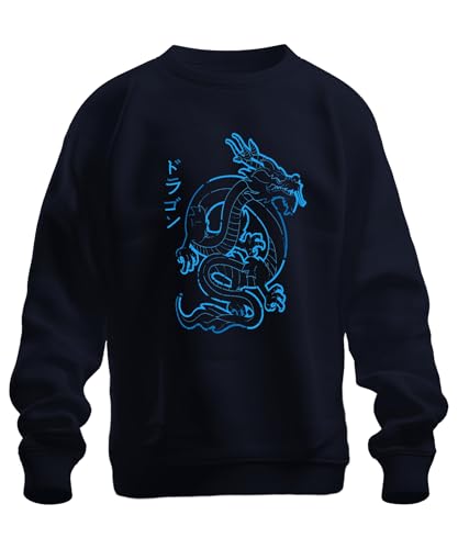 Japanese Dragon Neon Blue Katakana Cyberpunk Yakuza Retro Unisex Sweatshirt Pullover, navy, XXL
