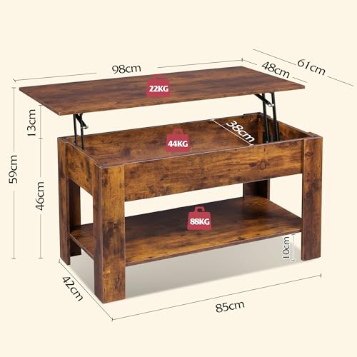 WLIVE Höhenverstellbarer Couchtisch mit Ablage, Wohnzimmertisch Rechteckig mit Offener und versteckter Stauraum, Kaffeetisch für Wohnzimmer, Schlafzimmer (Industriell, Rustikales Braun) – Bild 4