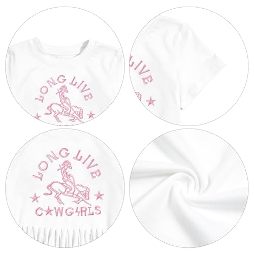 Image of Girls Western Shirt Cowgirls Embroidered Country Concert T Shirt Graphic Horseback Rider Tassel Fringe Tee Tops