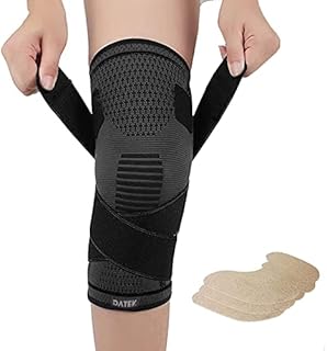 Datek Knee Brace Support Sleeve with Adjustable Straps. Unisex compression to relieve pain, Meniscus tear, Arthritis. FREE 3 Natural Pain Relief Plasters. Sports Suitable. (M), Black