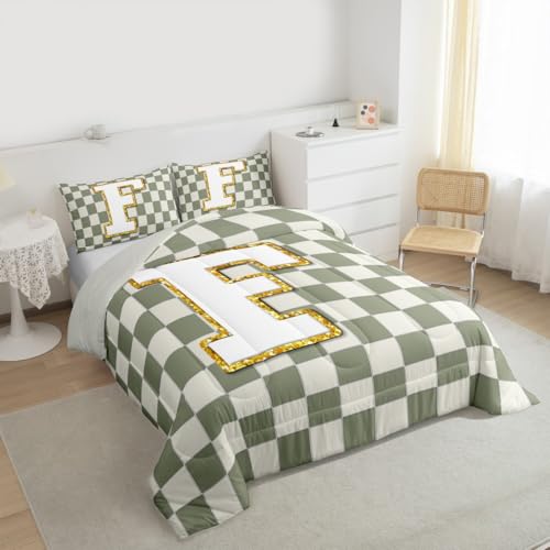 Image of Erosebridal Sage Green Checkered Kids Comforter Sets Plaid Initial F King Bedding Set for Adults Personalized Monogram Comforter Set,Fashion Grids Gingham Quilt Duvet 3 Pcs