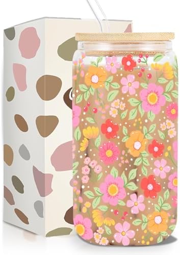 Cute Floral Iced Coffee Cup, Daisy Flower Glass Tumbler, 16 oz Ae...