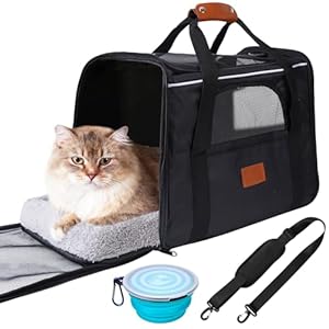 Faltbar Transportbox Katzen, Katzentransportbox mit Sicherheit Reißverschlüsse, Napf, Wendekissen, Katzen Transportboxen für kleine bis mittelgroße Katzen und Welpen bis 7 kg