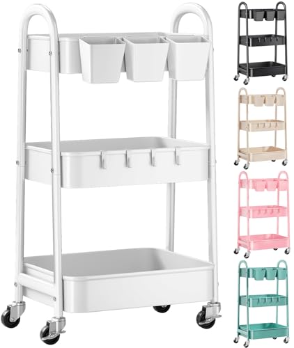 3 Tier Heavy Duty White Metal Rolling Cart with Lockable Wheels, Three Tier Roller Book Snack Cart, Utility Storage Organizer Carts for Kitchen, Bathroom, Garage, Baby Diaper, Craft, Art, Teacher