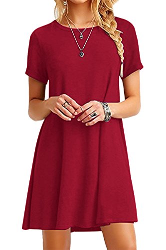 YMING Damen Sommer Mini Kleid Casual Kurzarm Tunika Rundhals Basic Blusenkeid,Rot,S/DE 36