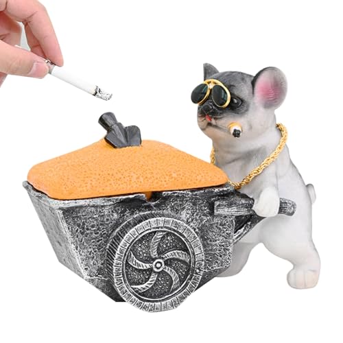 Bulldog Shaped Windproof Ashtray with Lid for Cigarettes, Resin Home Office Decor in Black for Porch and Patio