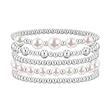 Umimiss Beaded Bracelets for Women - Silver Beaded Bracelets, Silver Bracelet for Women, Gold Bead Bracelet,Stretch Bracelets Plated Natural Pearl, Stackable Stretch Bead Ball Bracelet Set Jewelry