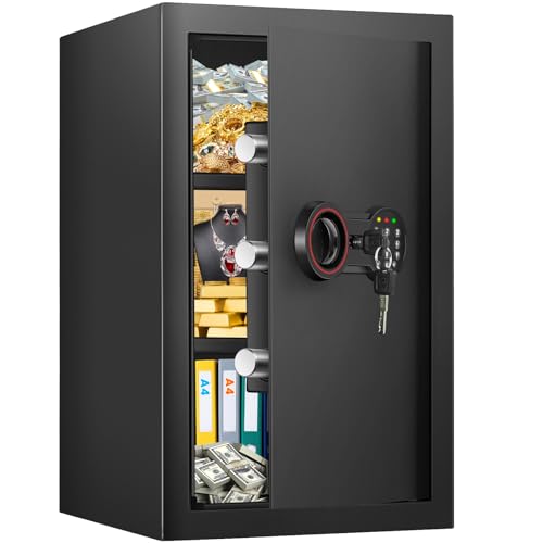 3.8 Cub Large Safe Box Fireproof Waterproof, Anti-theft Fireproof Safe with Digital Keypad, Spare Keys and 2 Removable Shelf, Security Home Safe for Money Firearm Valuables