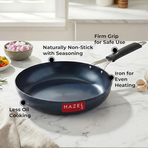 Image of HAZEL Traditional Lokhand Fry Pan | Heavy Duty Iron Skillet | 22 cm, 1.2 Litre | Induction & Gas Stove Compatible | Pre-Seasoned Black Iron Pan