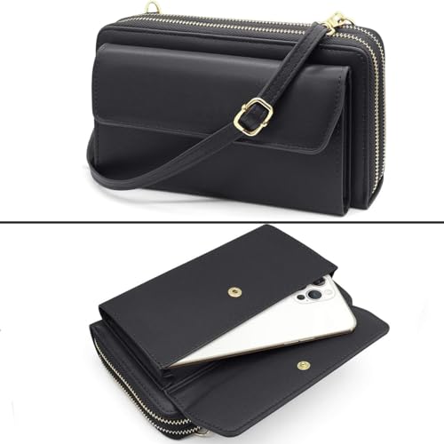 Image of Women Leather Wallet Crossbody Shoulder Bag with Double Zipper and Mobile Phone Purse with Shoulder Strap