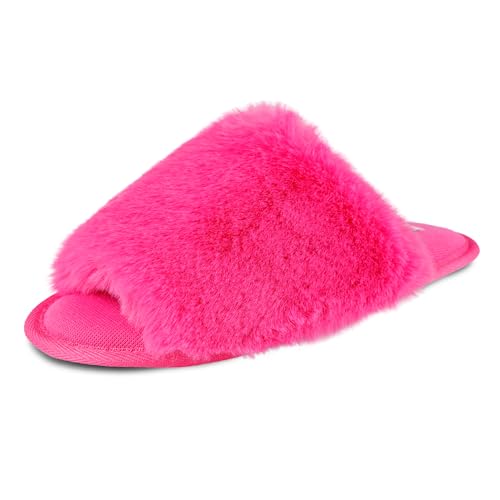Jessica Simpson Women's Plush Faux Fur Fuzzy Slide on Open Toe Slipper with Memory Foam