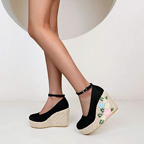 VOKLIN Women's Espadrilles Wedge Dress Pumps Suede Round Toe Ankle Strap Casual Platform High Heel Pump Shoes3