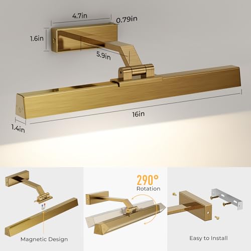 Image of Afyuol Picture Lights for Wall, Brass Battery Operated Picture Light 16in Art Light CCT Dimmable Recharging Battery Wall Light with Remote Control for Living Room Gallery