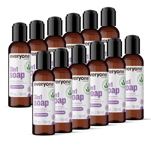 Image of Everyone 3-in-1 Soap Body Wash, Bubble Bath, Shampoo, Travel Size, 2 Ounce (Pack of 12), Vanilla and Lavender, made with Essential Oils for Men and Women | Travel size bulk 12-pack | shampoo + body wash + bubble bath | essential oils | natural | men and women