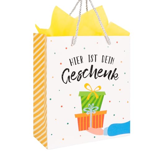 BETESSIN Geschenktüte Geburtstag - HIER IST DEIN Geschenk - 21x10x25cm Papiertüten mit Henkel - Geschenktasche mit Seidenpapier - Geburtstagstüten Kinder - Geschenkverpackung zum Geburtstag