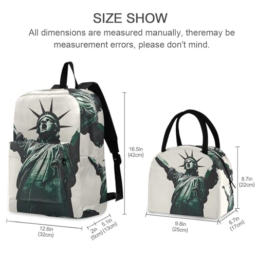 Backpack Lunch Box Set Large Capacity Travel Backpacks and Insulated Lunch Bag for Commute Hiking Picnic Statue Of Liberty Print2