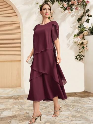 Chiffon Mother of The Bride Dresses for Women Tea Length Formal Wedding Guest Dress with Sleeves3
