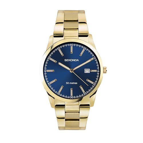 Sekonda Men’s Taylor Classic Watch 41mm Gold Case Blue Sunray Dial with Date Gold Stainless Steel Bracelet Quartz Analogue 50m Water Resistant 2-Year Guarantee
