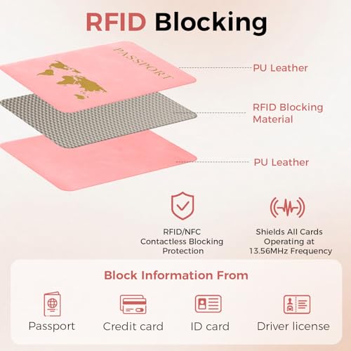 Passport Holder for Travel Women Men - Passport Cover Wallet with Airtag Slot - RFID Blocking PU Leather Passport Holder Case with Card Holder, Pen Slot - Pink4