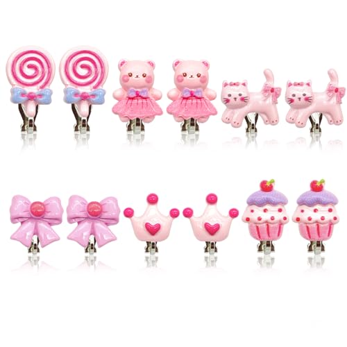 COYUN 6 Pares Pendientes Clip Niña Colgantes De Colores, Resina Diseño Sin Perforaciones Para Niños Gatitos, coronas y lazos Con Forma Para Disfrazarse Para Fiesta Princesa Accesorios De Joyería