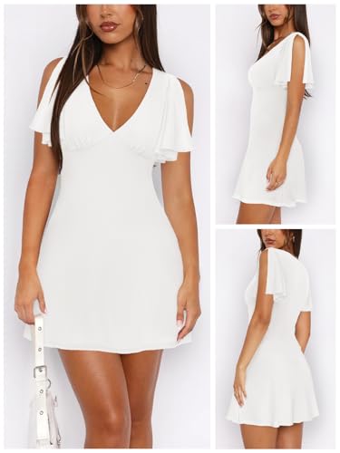 Image of MIYIEONZ Women's Sexy Deep V-Neck Ruffle Sleeve Mini Dresses Summer Casual Bodycon Beach Cocktail Party Club Short Dress