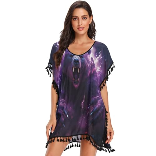 Purple Abstract Art Bear Women's Beach Cover Up Chiffon Tassel Swimwear Swimsuit Coverups for Girl