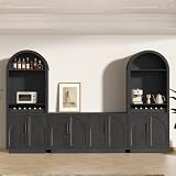 Arden Collection 3-Piece Home Bar Cabinet Set, Arched Sideboard and Tall Pantry Cabinets with LED Lighting, Charging Station, Wine Rack and Adjustable Shelves for Dining Room, Kitchen,Black Grey