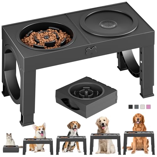 XIAZ Elevated Dog Bowls Large Breed Raised Dogs Bowl Stand Large/Medium Sized Dog Slow Feeder Dogs Bowls Food Water Stands 5 Heights Adjustable 9/11/12/14in Pet Feeder Dish Station