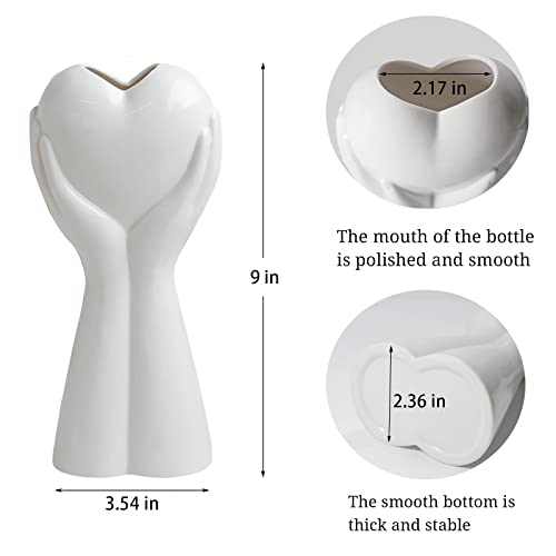 Famuken White Flower Vase Cute Hand Holding Heart Shaped Vase, Unique Modern Art Ceramic Vases For Home Office Decorative 9" High #TOP3