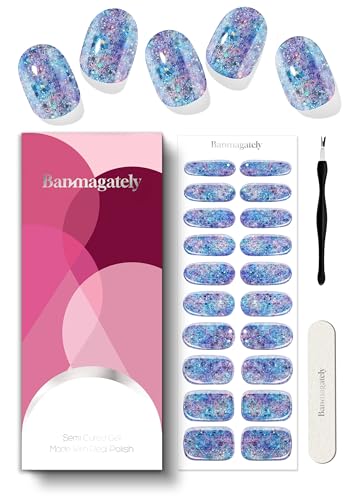 Banmagately Semi Cured Gel Nail Strips, 20Pcs Long Lasting Salon Quality Wraps, Easy Apply & Remove Gel Nail Stickers with UV Light (Frost Shard Blue)