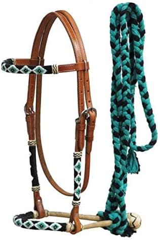 Showman Bosal Headstall w/Beaded Overlay & Black/Teal Mecate Reins