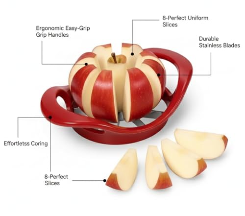Image of ADD2CART Apple Slicer Cutter with 8 Blades, Red Plastic and Stainless Steel, 19 cm