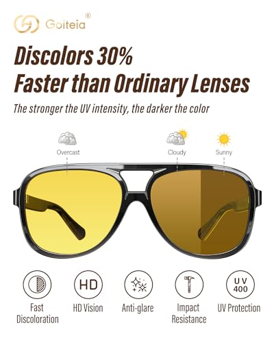 Image of Goiteia Oversized Photochromic Day and Night Driving Glasses,Headlight Yellow Glasses for Big Head,Non-breakable Lightweight TR90 Large Frame,70s Vintage Retro Style Sunglasses for Women Men