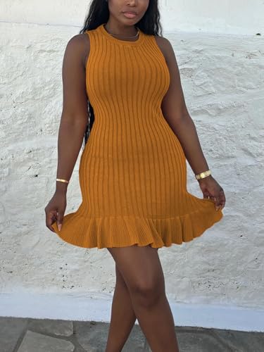 Image of Nimsruc Women Summer Tank Dresses Sleeveless Crew Neck Casual Bodycon Mini Dress with Ruffle Hem