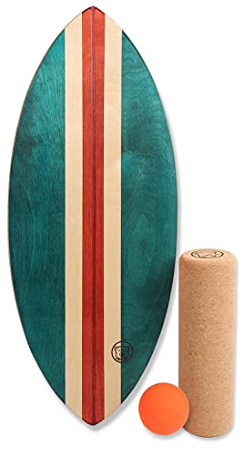Balance-Board Surfbrett – Wackelbrett Aus Holz, 78x30 Cm, Mit Korkrolle & Ständer, Für Gleichgewichtstraining