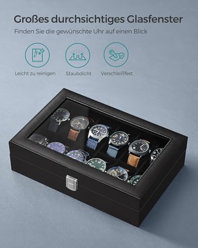 SONGMICS Uhrenbox mit 12 Fächern, Uhrenkasten mit Glasdeckel, Uhrenkoffer mit herausnehmbaren Uhrenkissen, Premium-Uhrenschatulle, PU-Bezug in Schwarz, Samtfutter in Schwarz JWB12B