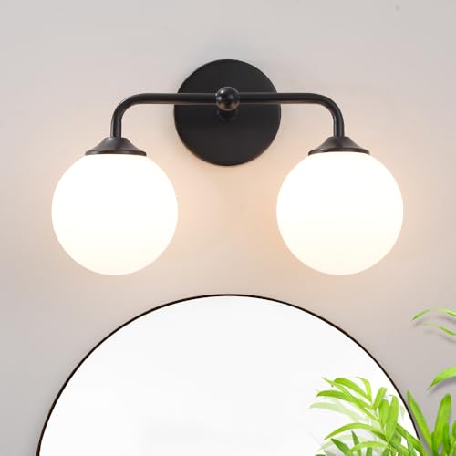 Image of Industrial Matte Black 2-Lights Bathroom Light Fixtures, Vanity Wall Sconce Lighting with Milky White Glass Shade, Modern Bathroom Vanity Lighting, Wall Sconces over Mirror Dressing Table Bedroom