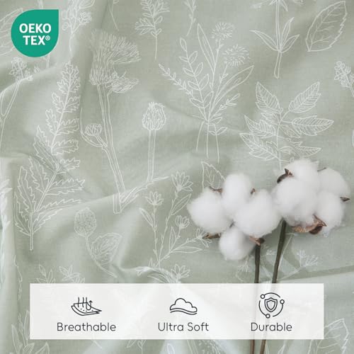 Image of 100% Natural Cotton Percale Sheets Set,Full Size 4 PC, Breathable&Durable Hotel Quality Bedding, 16 inch Deep Pocket Botanical Floral Bedsheets,Sage Green