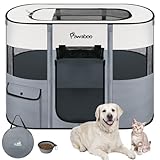 Pawaboo Tragbarer Haustierstall, Faltbarer Hundelaufstall mit Wasserdichtem Oxford, Katzengehege mit Reisetasche Faltbarem Napf, Indoor Outdoor Gebrauch für Welpe Katze Kaninchen, L, Grau