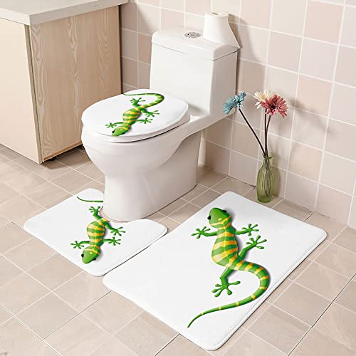 3 Teilig Badematte Set Grüne Eidechse 3D Badematten Set rutschfest, Badezimmerteppich,U-förmiger WC-Vorleger,WC…